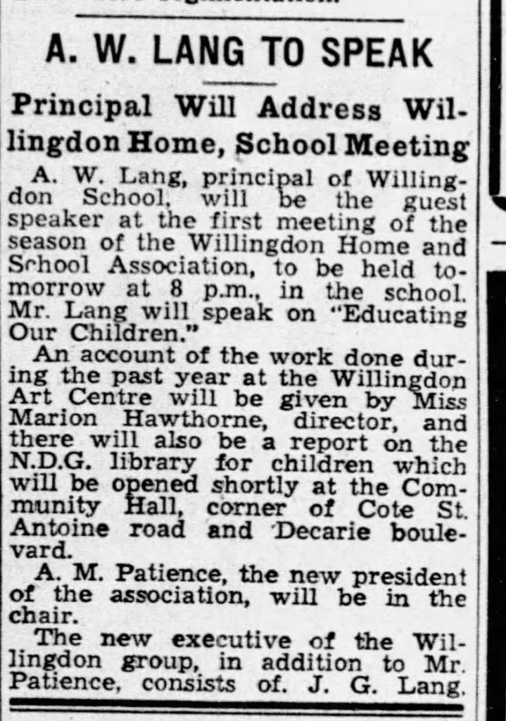 Montreal Gazette newspaper article detailing the first Willingdon Home and School meeting, Oct 1943