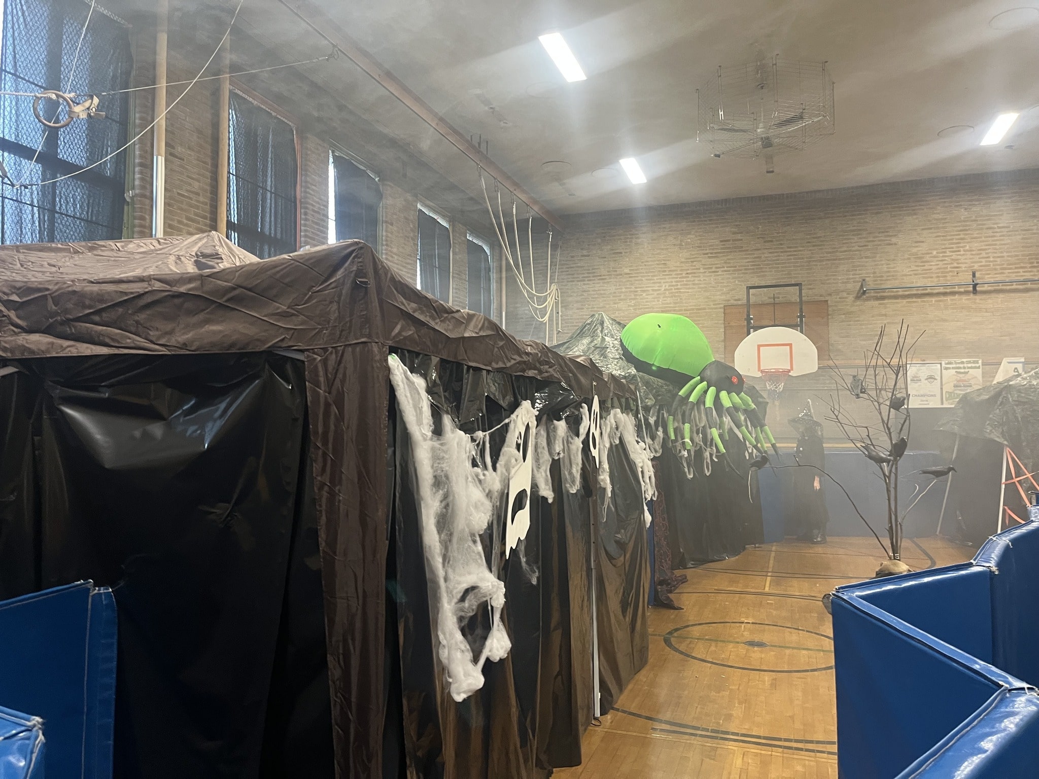 Gym decorated for Halloween with spider